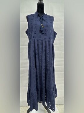 Sweet Magnolia Navy Eyelet Tiered Midi Dress XXL Boho Cottagecore Sleeveless NWT